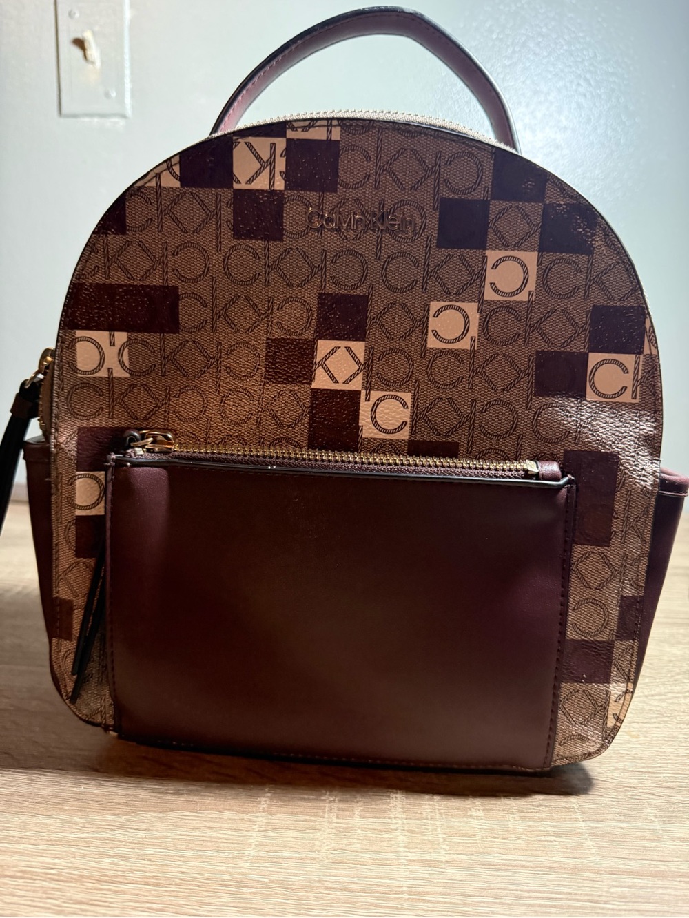 Calvin Klein Brown Checker Logo Mini Backpack with Chestnut Front Pocket